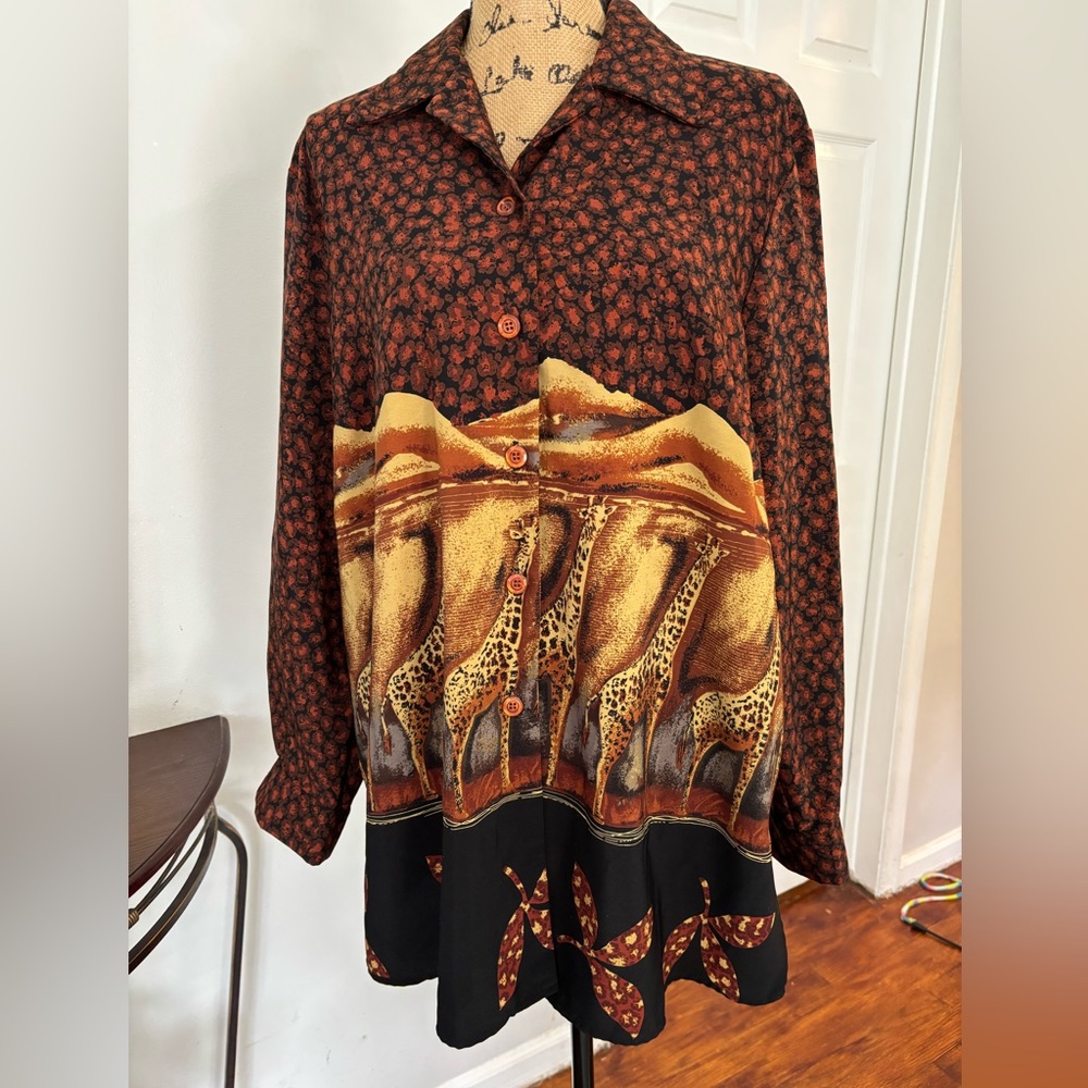 Russell Kemp Woman New York Blouse Size 16 XL Safari‎ Giraffe Print Button Front